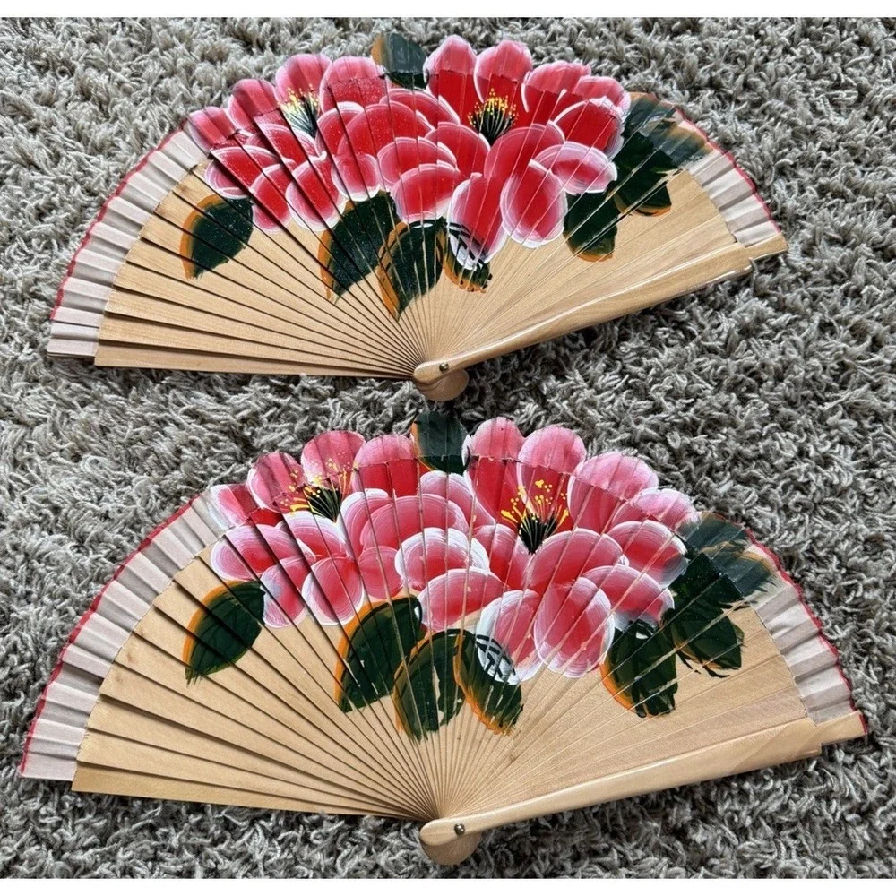Lot Of Five Folding Hand Fans Wooden And Paper - Picture 4 of 10